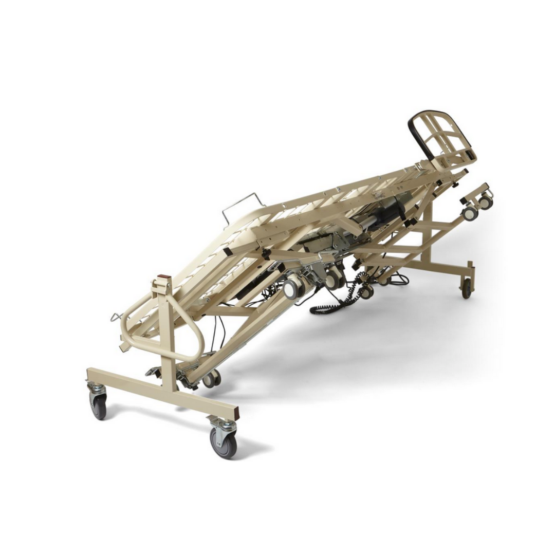 The Medline Alterra Bed Trolley is a beige frame with electronic controls, wheels, and an integrated lock for easy transport through narrow doorways and secure positioning at an incline.